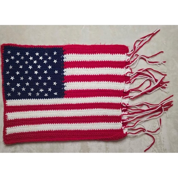 American Flag Hand Made Crochet  Pillowcase Metal Stars Folk  Art Accent 14x17" - Picture 1 of 6